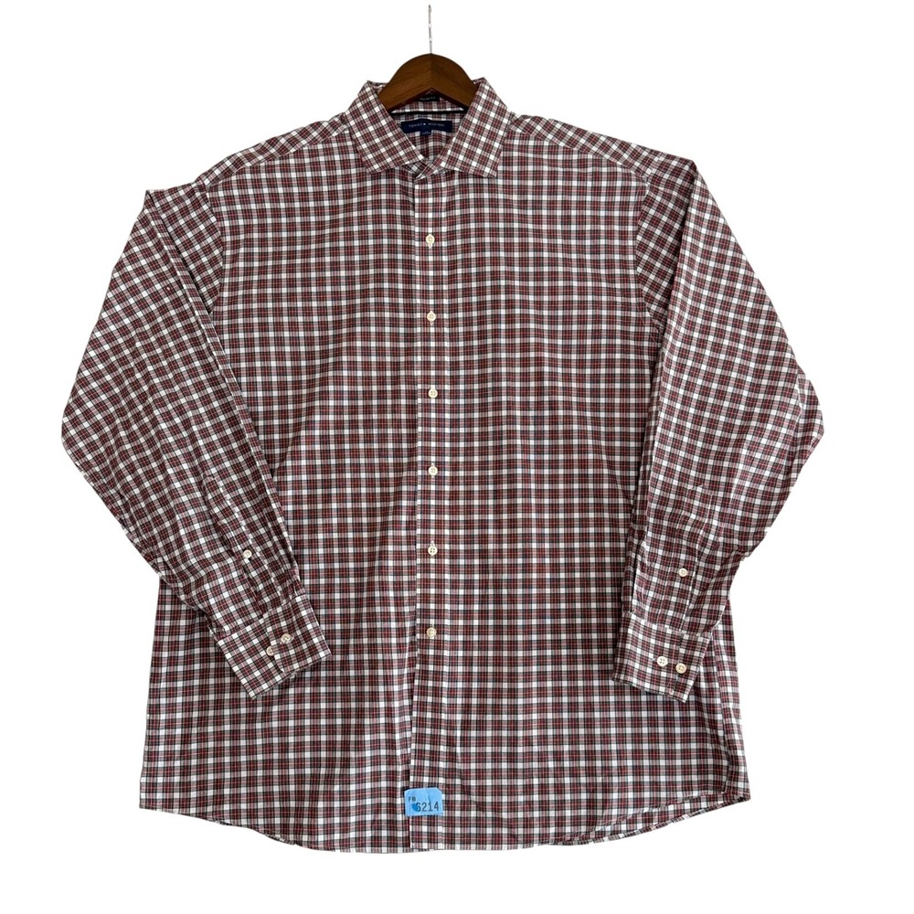 Tommy Hilfiger Mens Regular Fit Plaid Button Down Dress Shirt Red Green 17 34-35